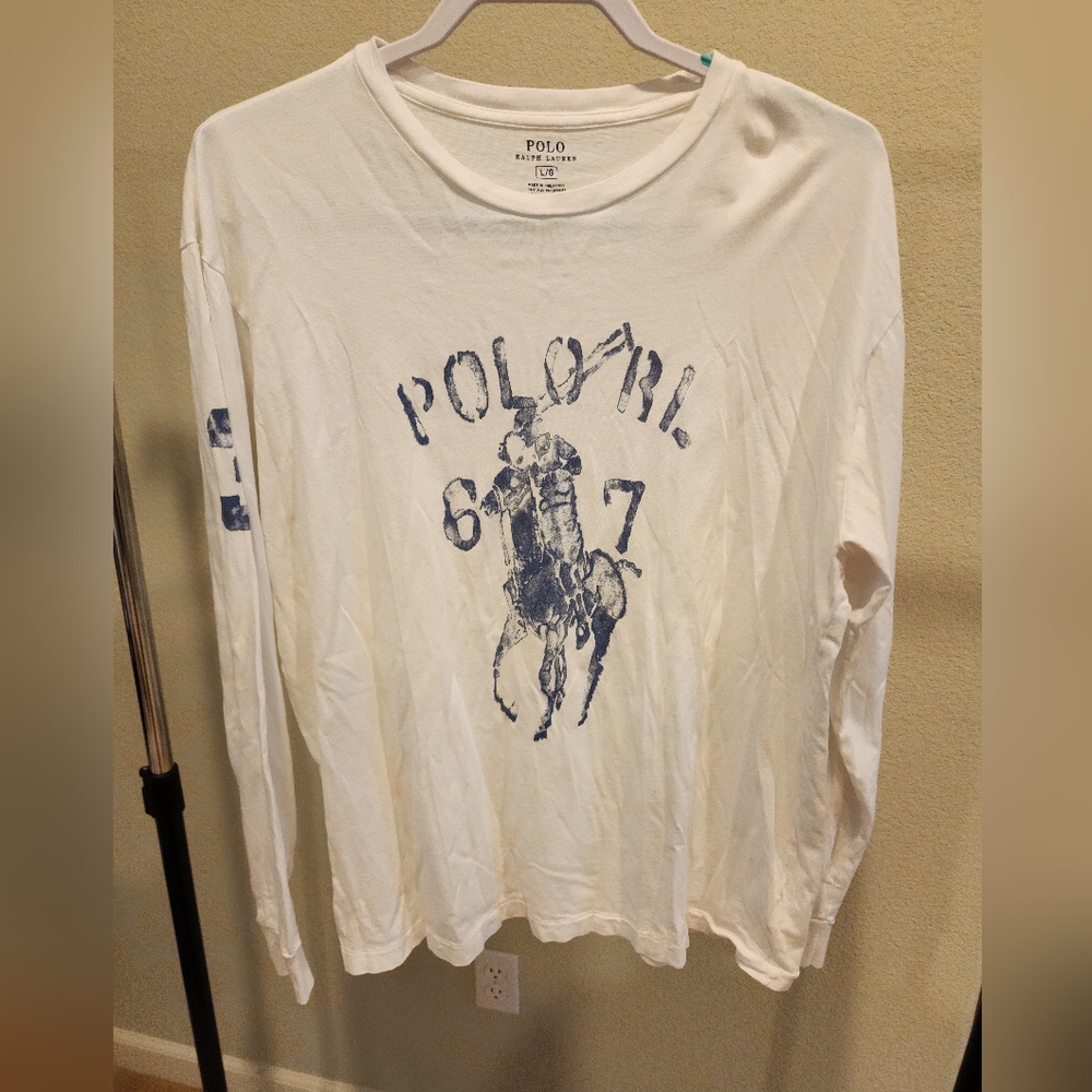 Blue and White Long Sleeve Polo by Ralph Lauren Shirt. Size Large